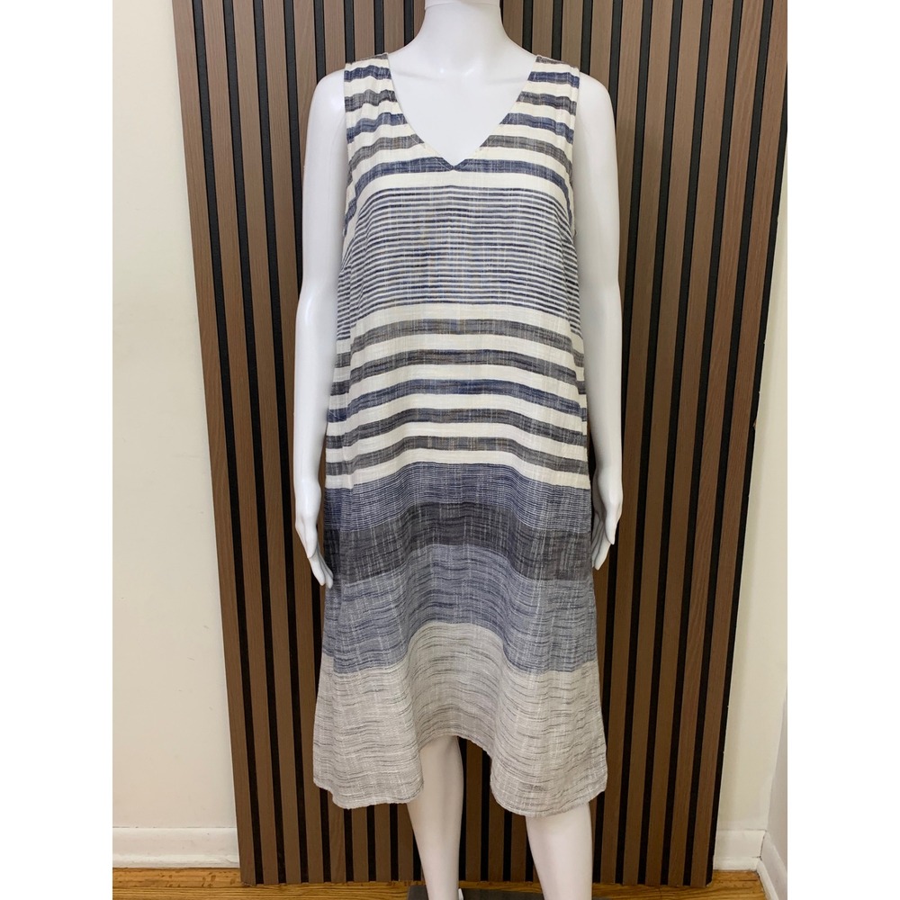 J. Jill Blue White Striped 100% Cotton V-Neck Midi Dress M Petite Pockets